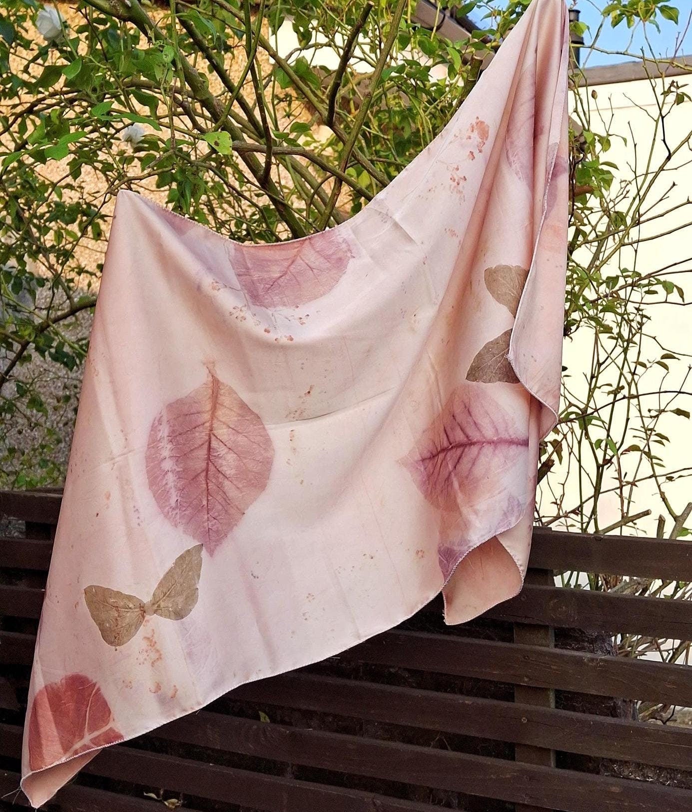 Pink Handmade Silk Scarf: Eco Printed with Real Leaves, Naturally Dyed