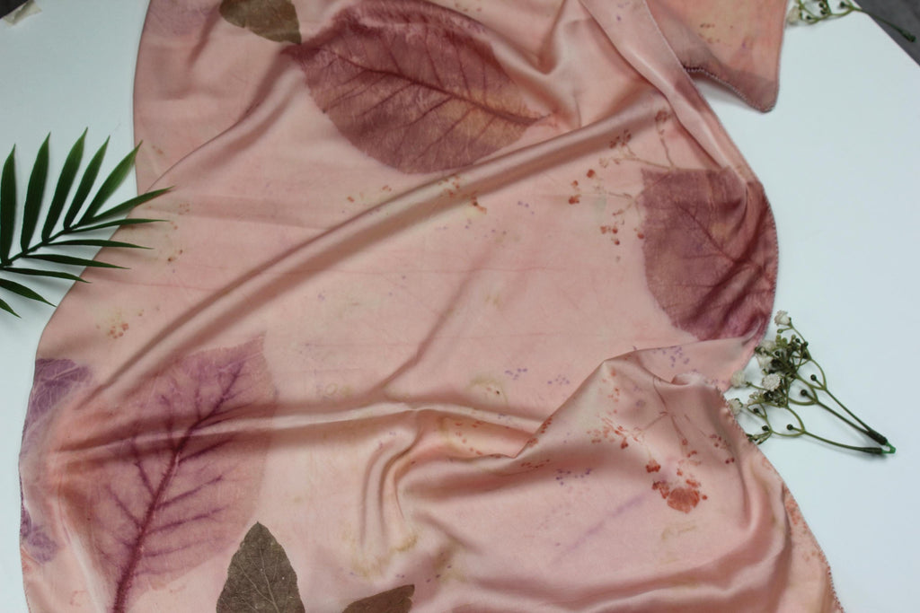 Pink Handmade Silk Scarf: Eco Printed with Real Leaves, Naturally Dyed