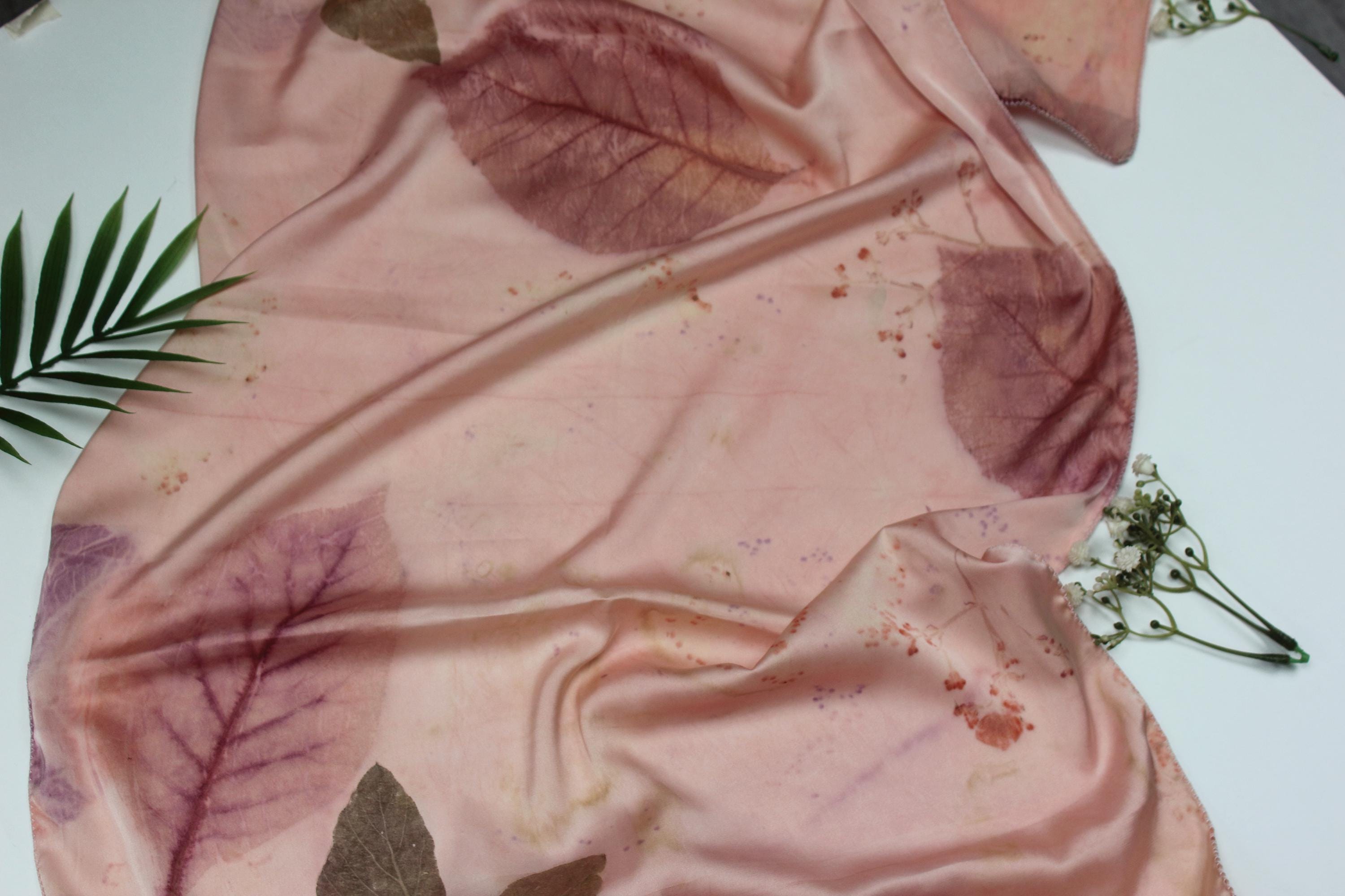Pink Handmade Silk Scarf: Eco Printed with Real Leaves, Naturally Dyed
