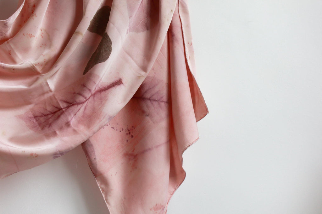 Pink Handmade Silk Scarf: Eco Printed with Real Leaves, Naturally Dyed