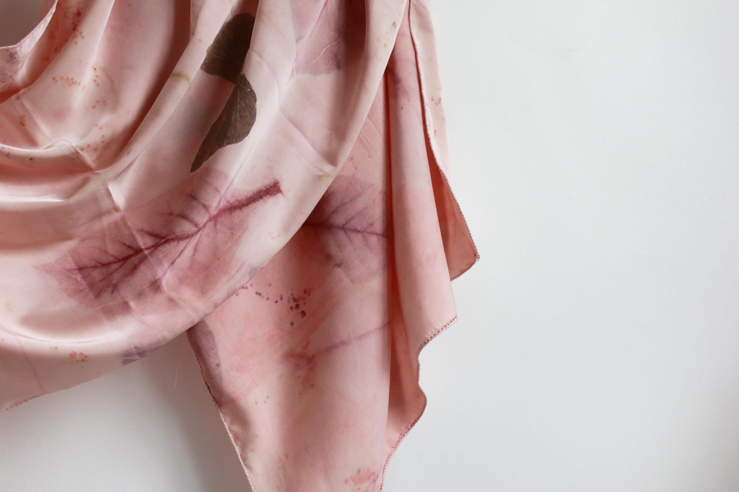 Pink Handmade Silk Scarf: Eco Printed with Real Leaves, Naturally Dyed