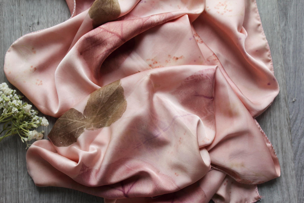 Pink Handmade Silk Scarf: Eco Printed with Real Leaves, Naturally Dyed