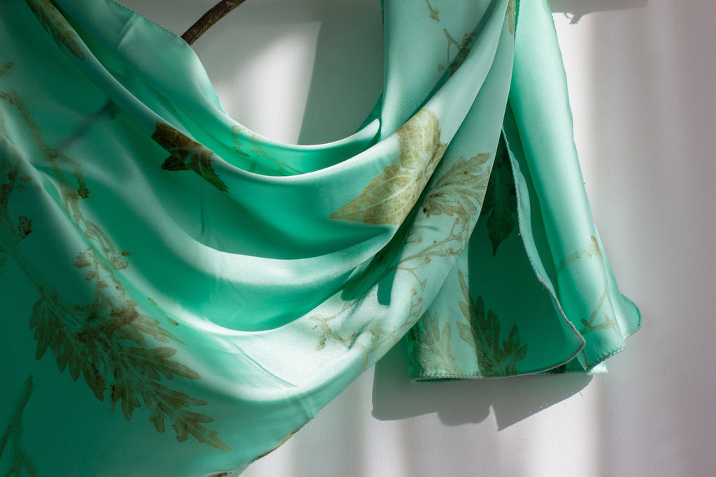 Mint Silk Scarf: Handmade Printed With Real Leaves