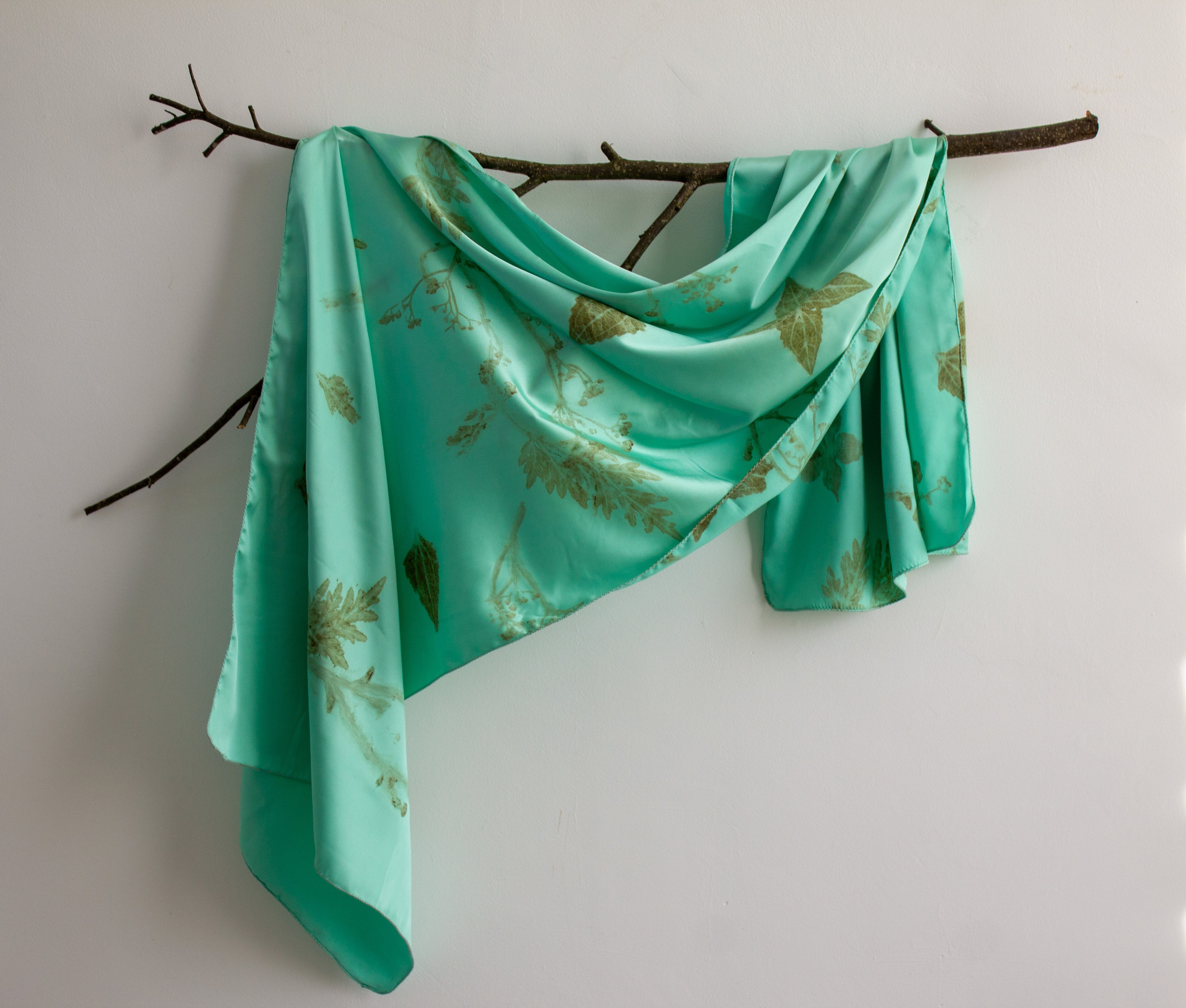 Mint Silk Scarf: Handmade Printed With Real Leaves