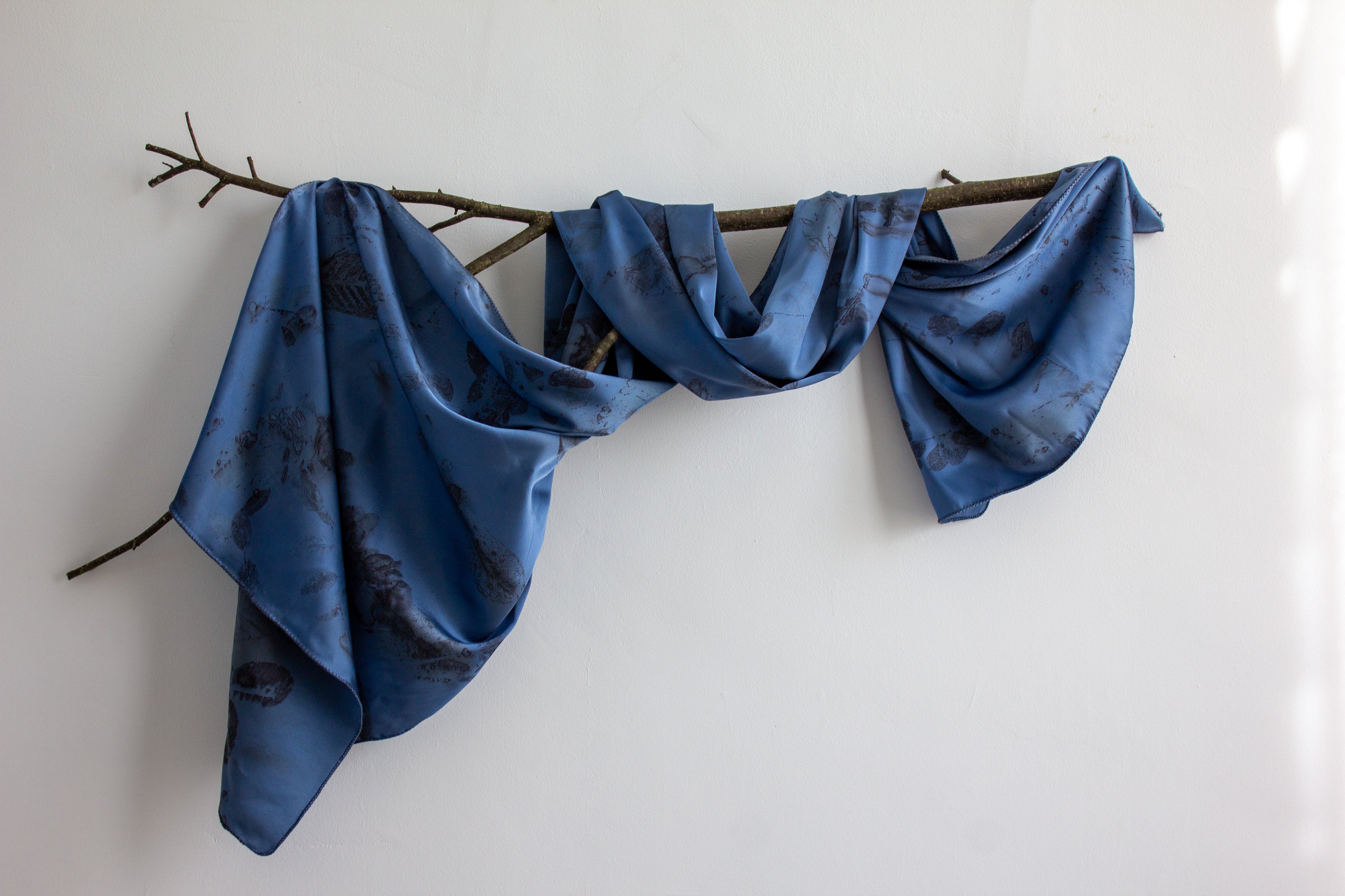 Blue Silk Scarf: Handmade Printed With Real Leaves