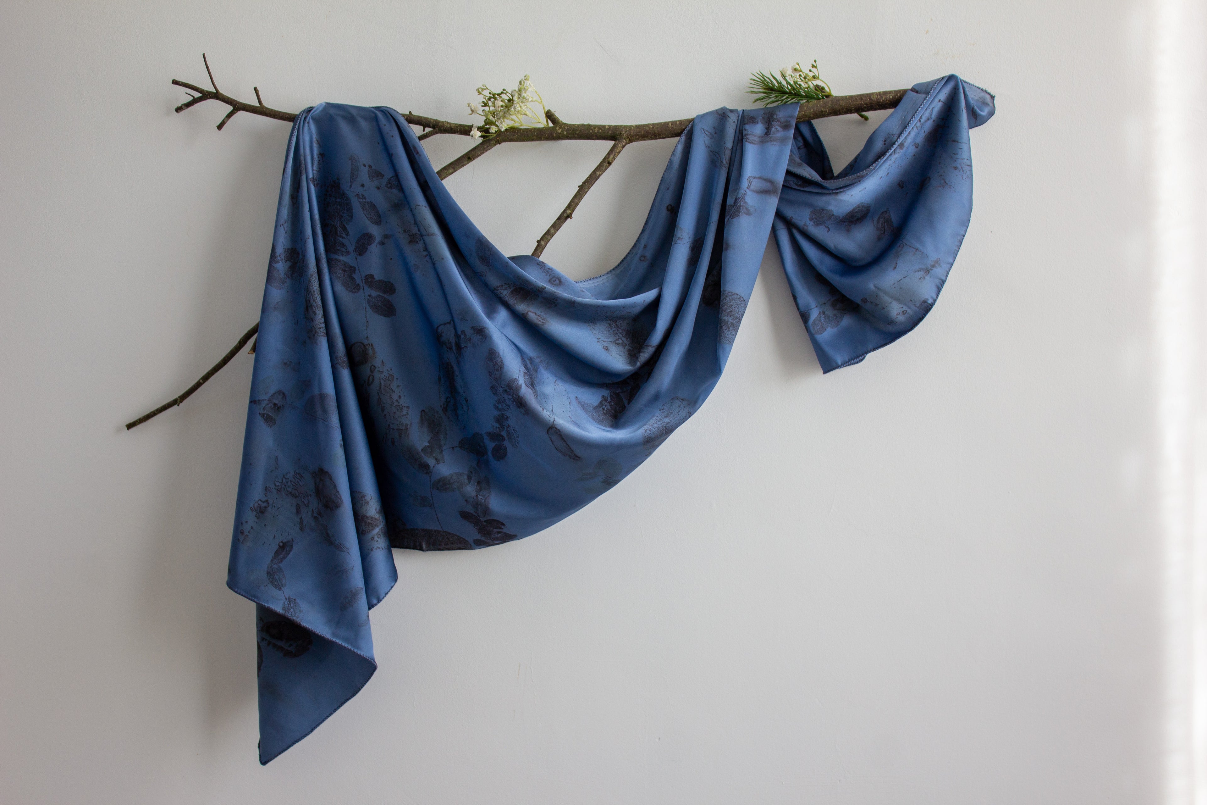 Blue Silk Scarf: Handmade Printed With Real Leaves