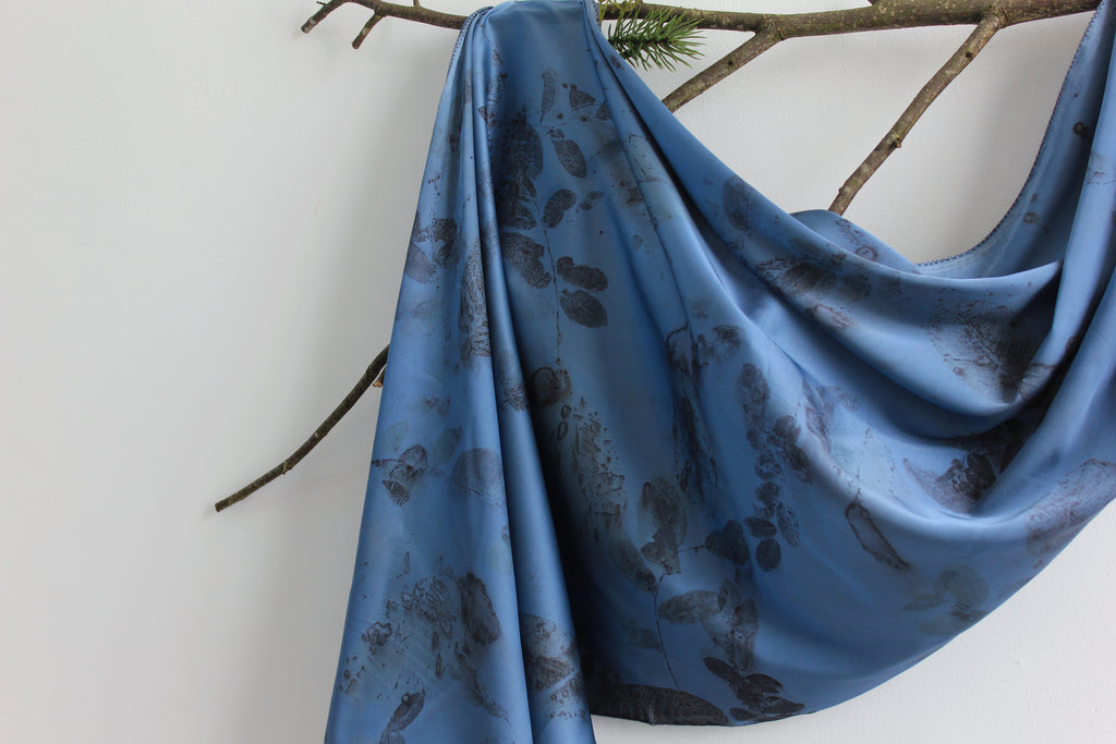 Blue Silk Scarf: Handmade Printed With Real Leaves