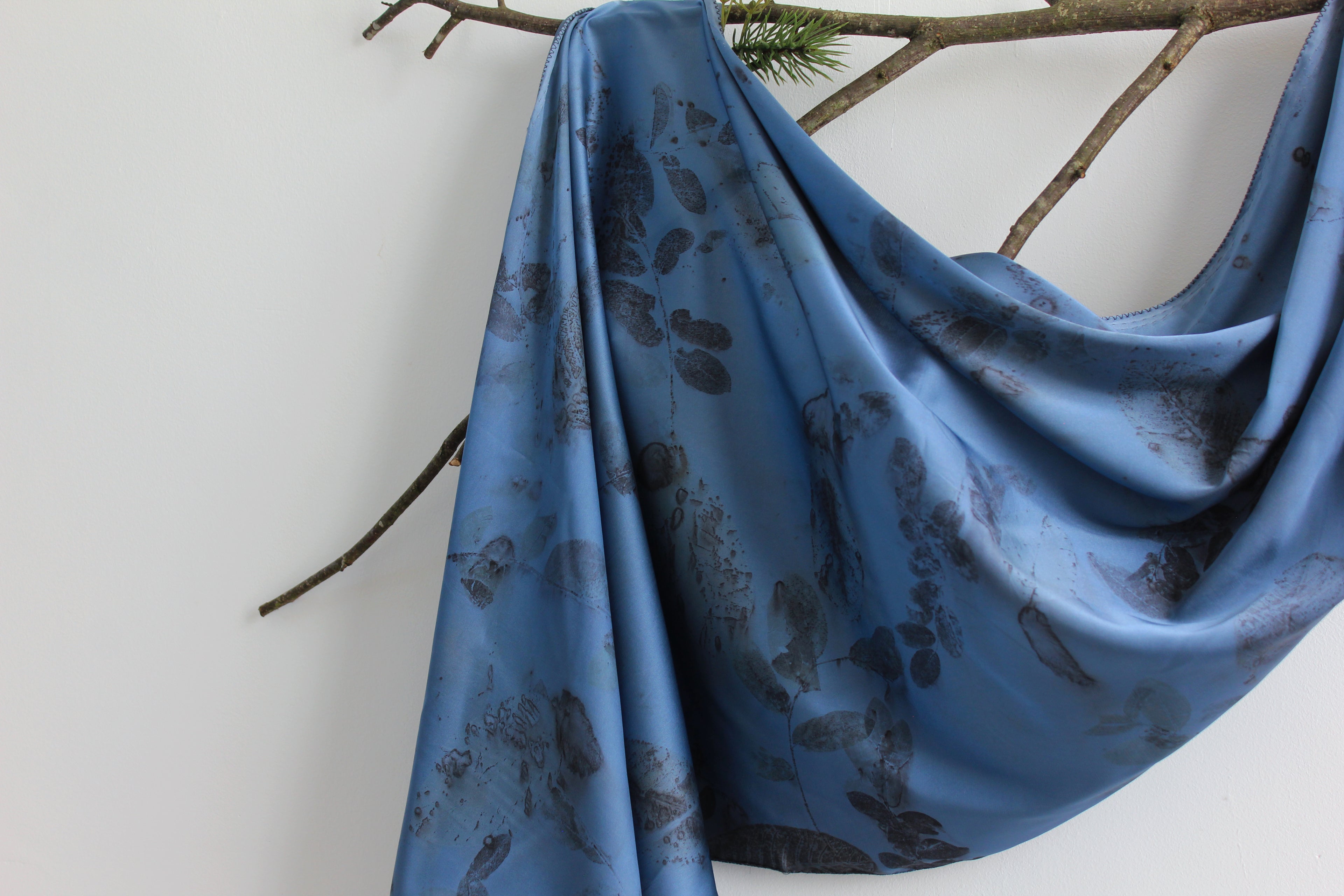 Blue Silk Scarf: Handmade Printed With Real Leaves