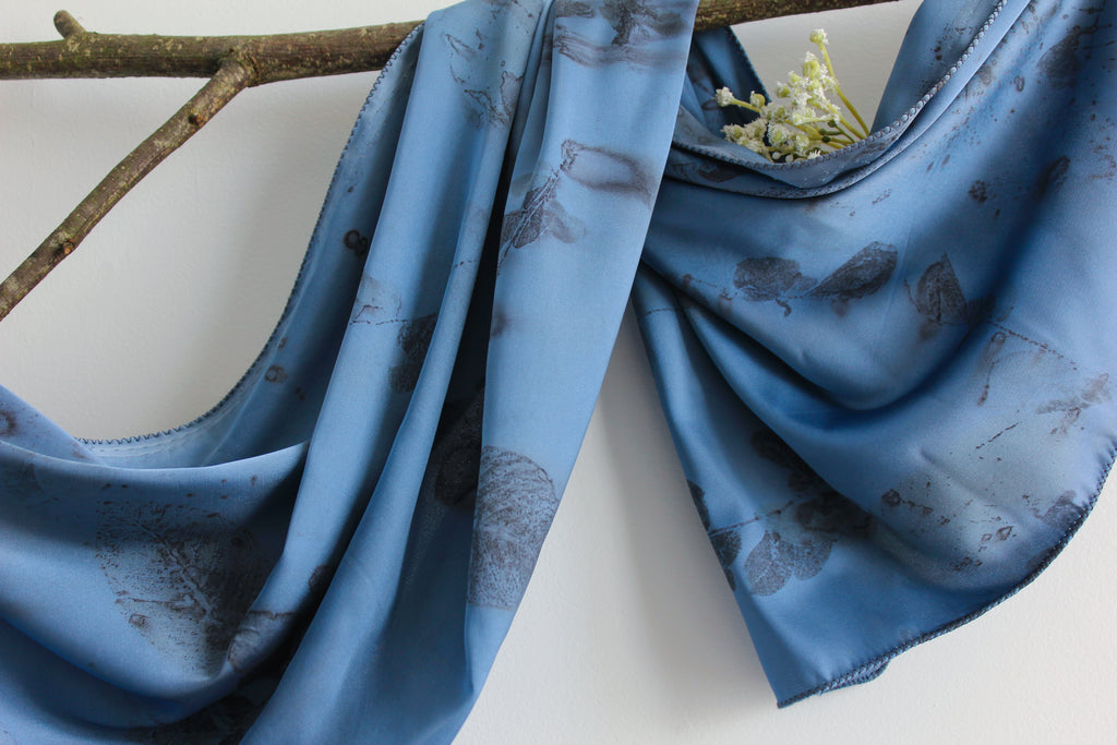 Blue Silk Scarf: Handmade Printed With Real Leaves