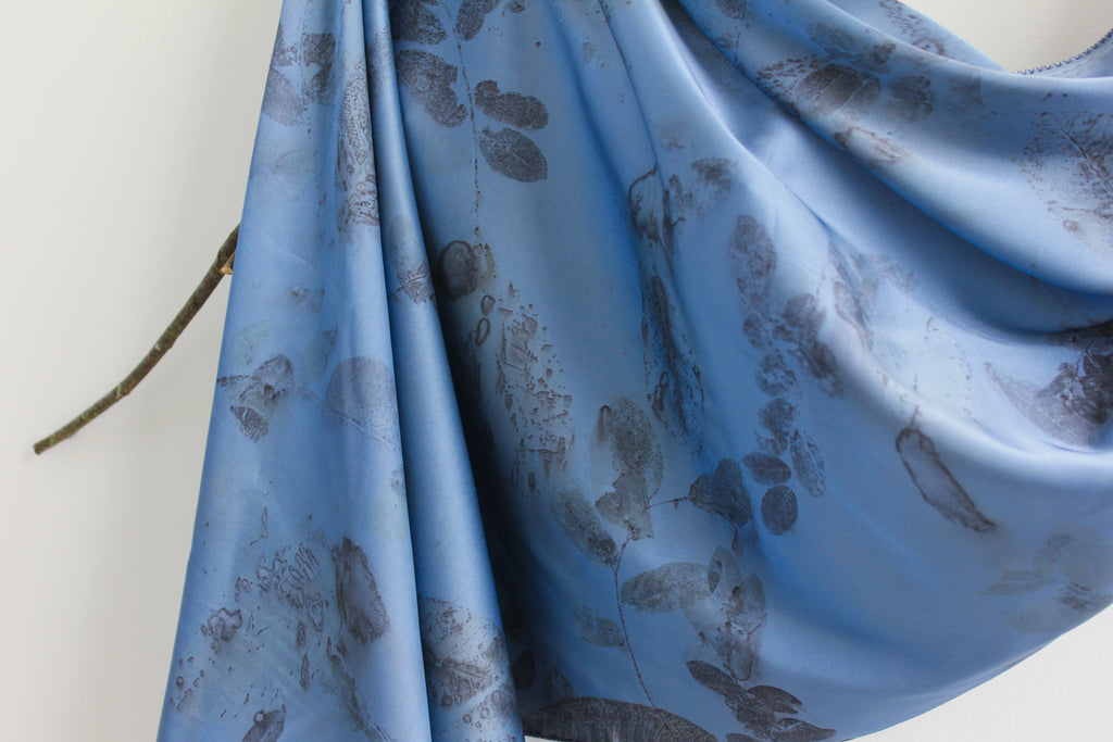 Blue Silk Scarf: Handmade Printed With Real Leaves