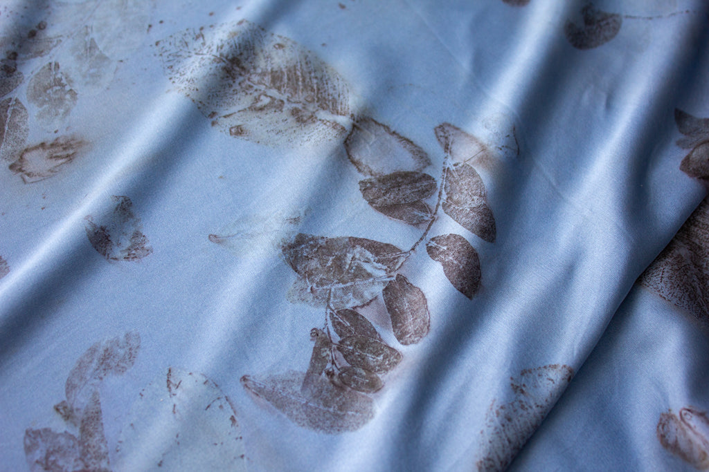 Blue Silk Scarf: Handmade Printed With Real Leaves