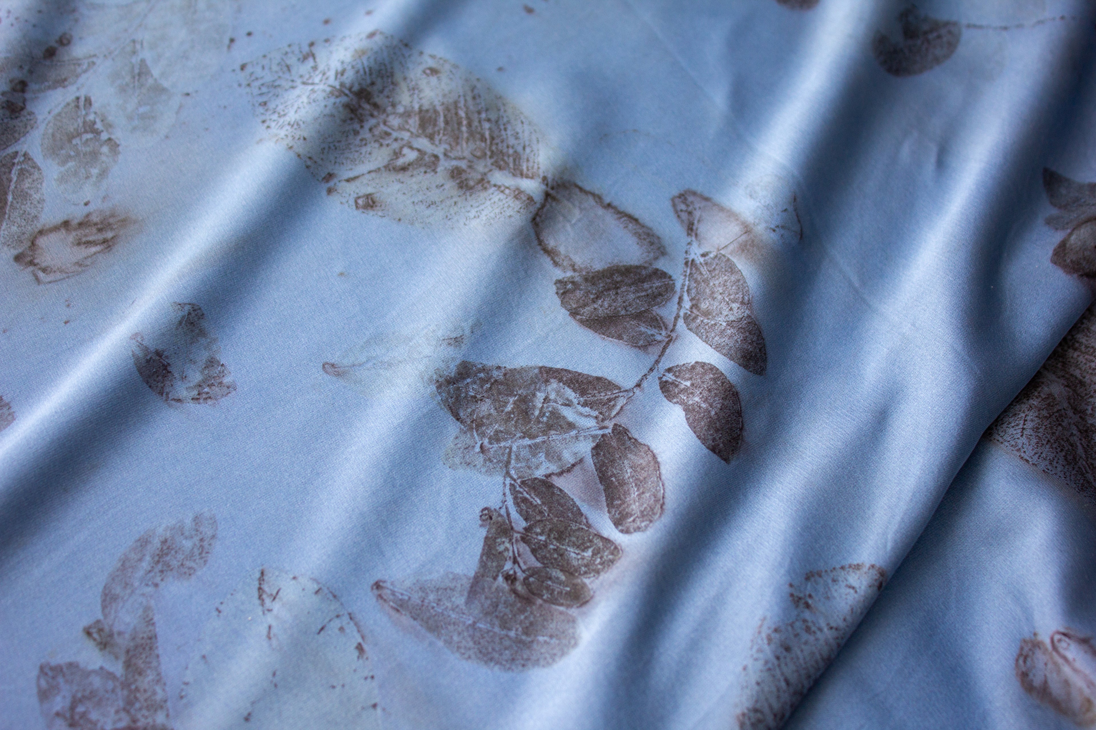Blue Silk Scarf: Handmade Printed With Real Leaves