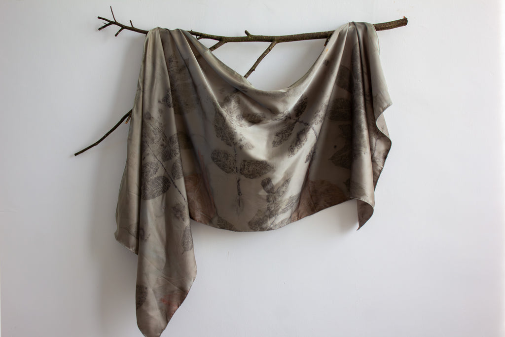Green Silk Scarf Printed With Real Leaves