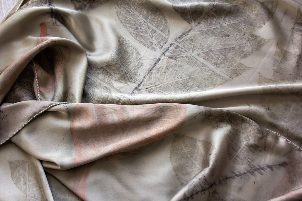 Green Silk Scarf Printed With Real Leaves