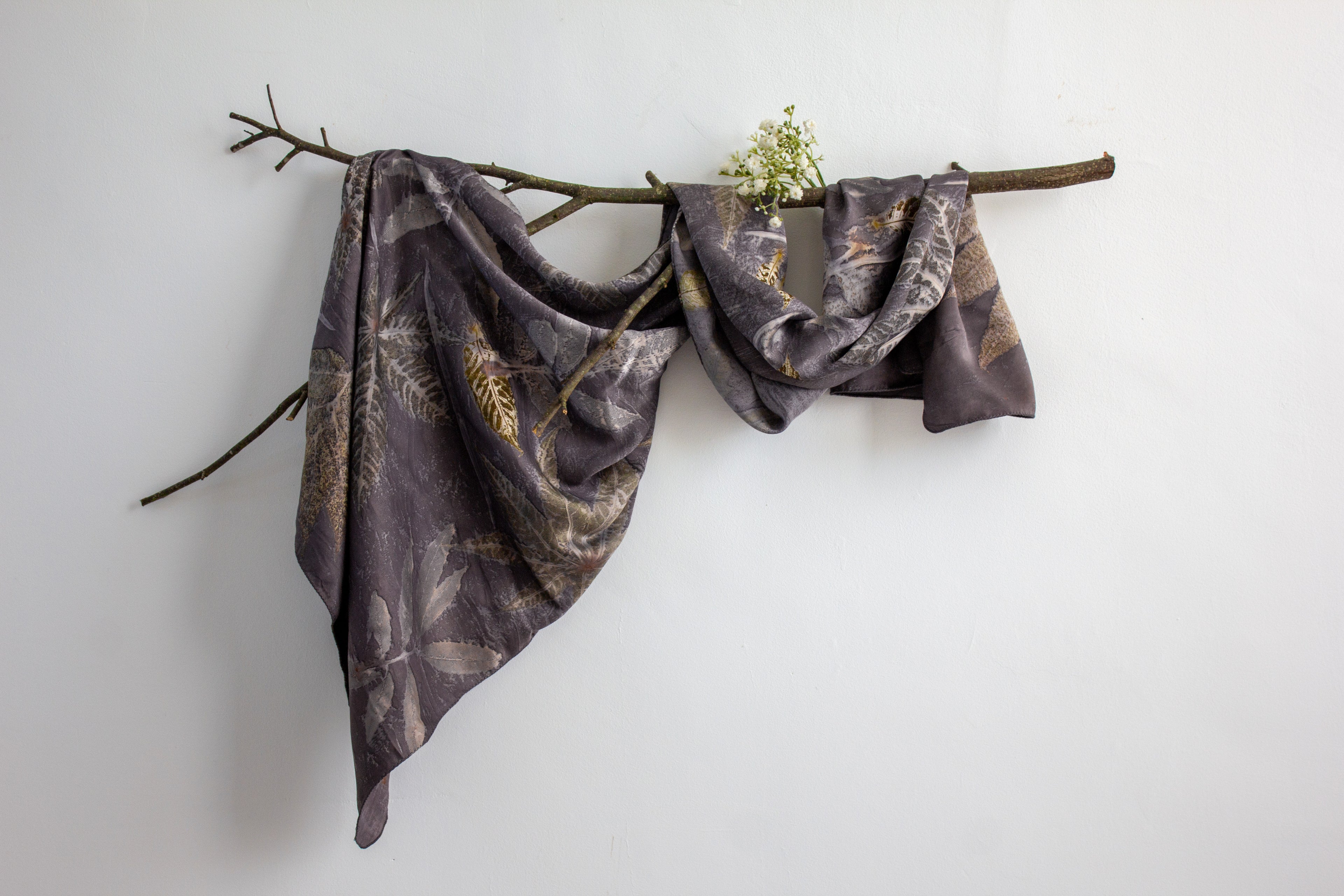 Black Silk Scarf Eco-Printed With Mixed Leaves
