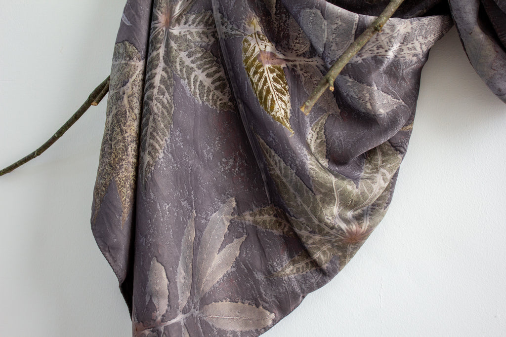 Black Silk Scarf Eco-Printed With Mixed Leaves