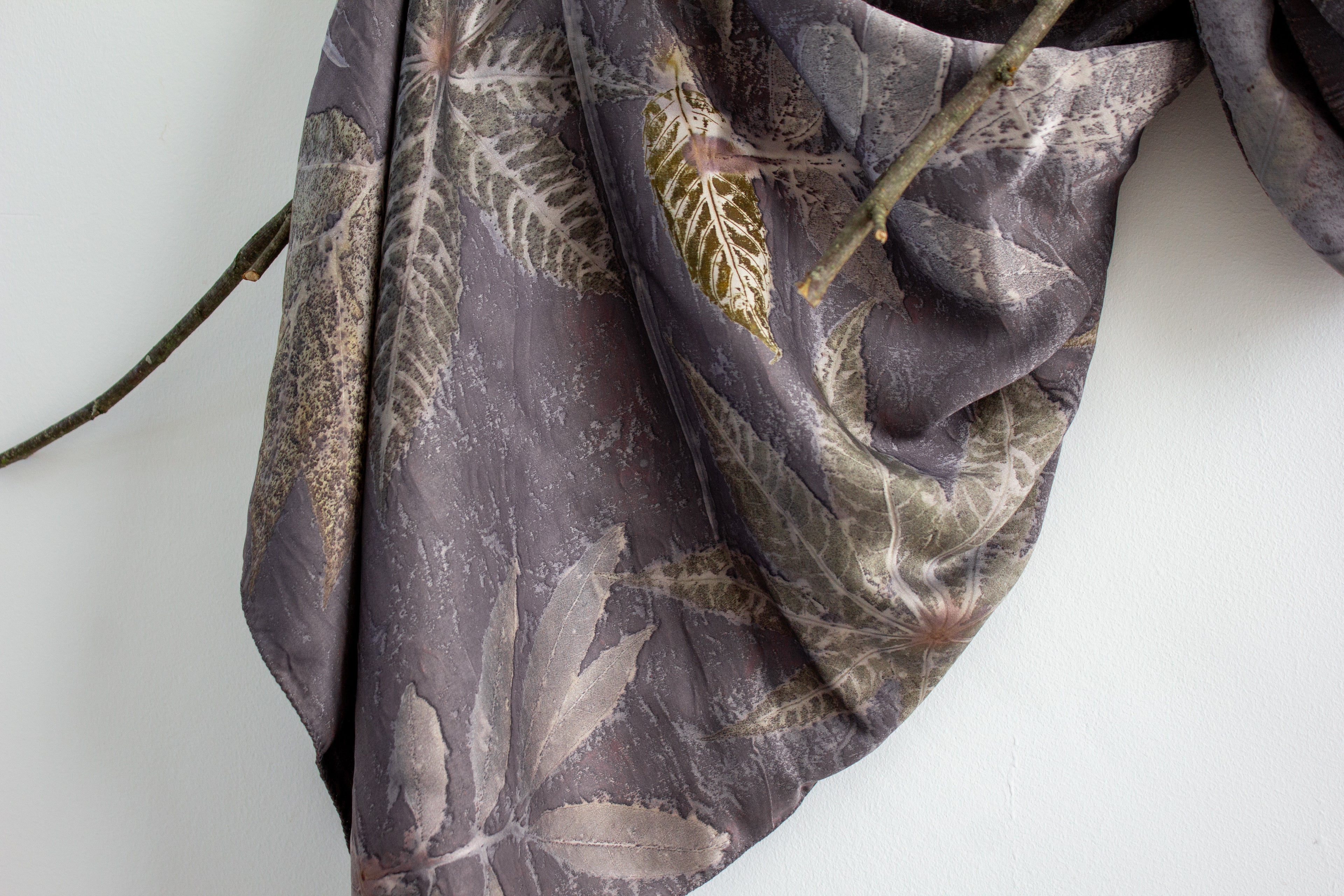 Black Silk Scarf Eco-Printed With Mixed Leaves
