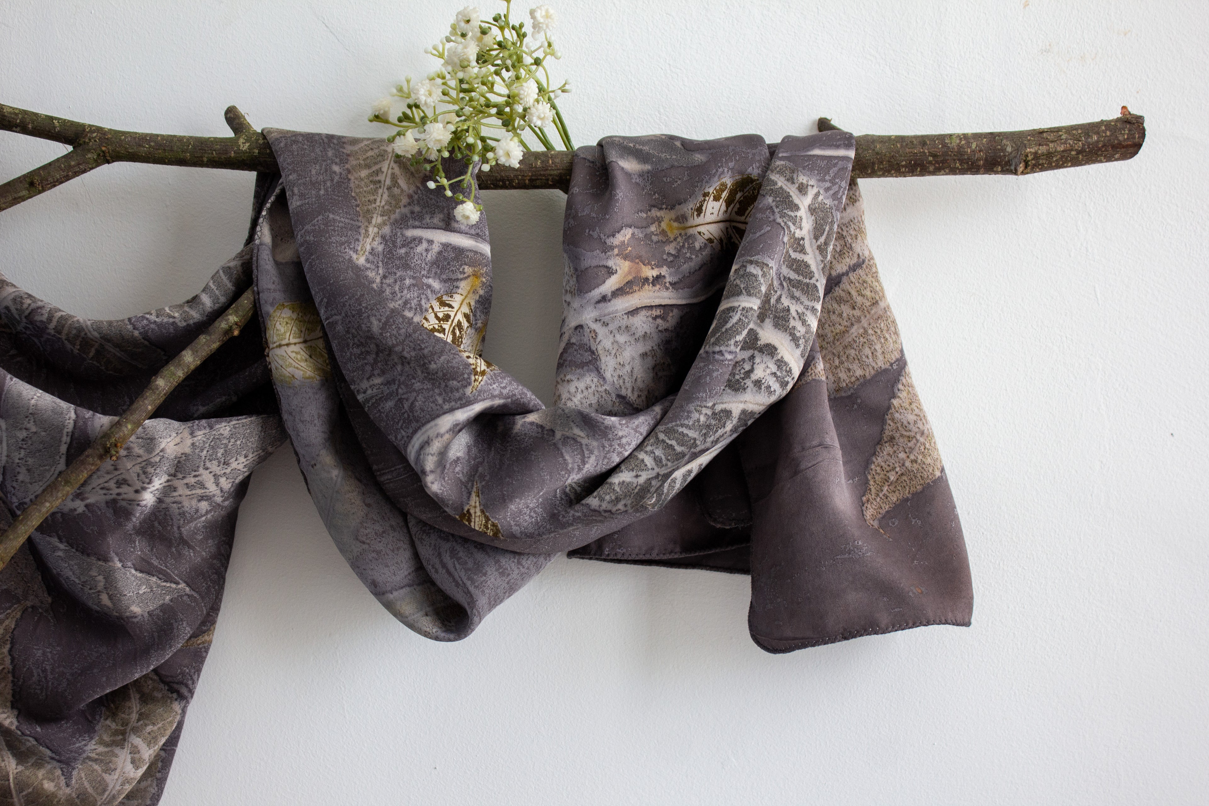 Black Silk Scarf Eco-Printed With Mixed Leaves