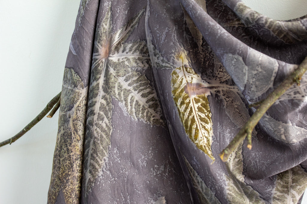 Black Silk Scarf Eco-Printed With Mixed Leaves