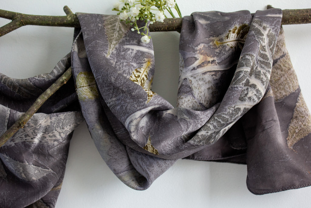 Black Silk Scarf Eco-Printed With Mixed Leaves