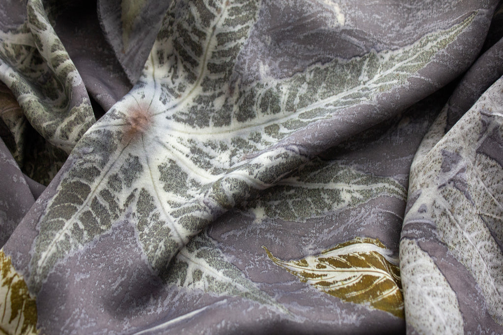 Black Silk Scarf Eco-Printed With Mixed Leaves