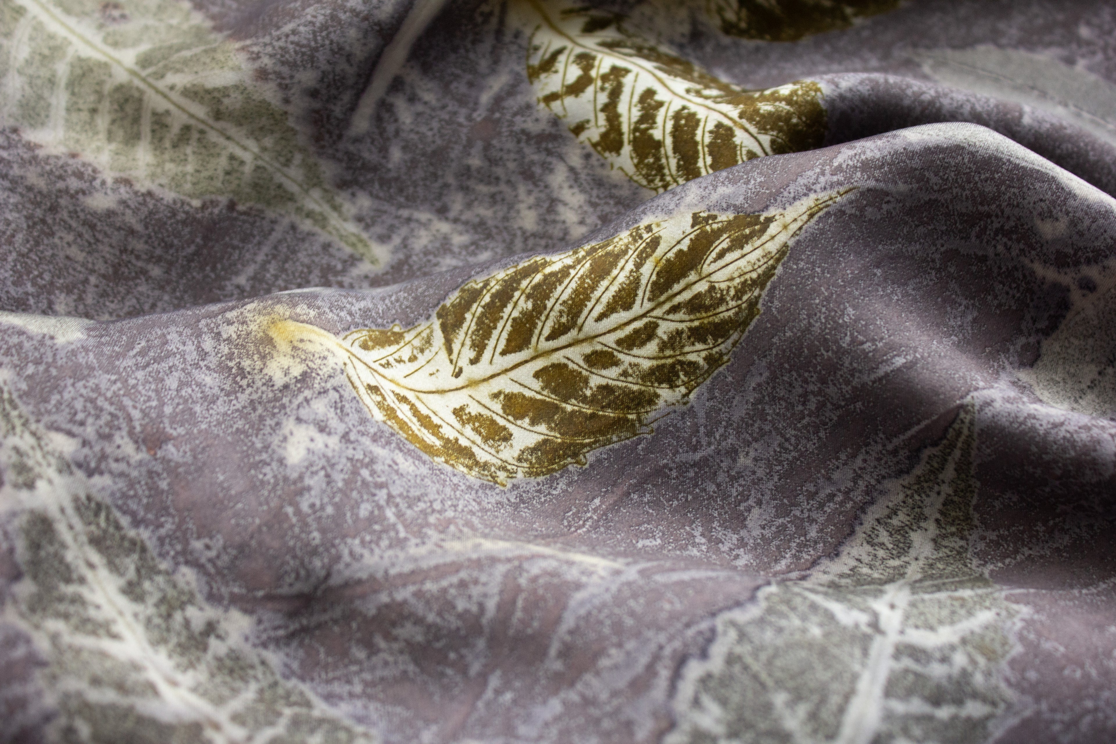 Black Silk Scarf Eco-Printed With Mixed Leaves