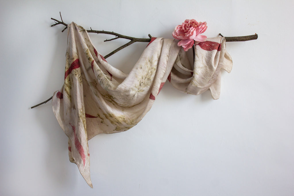 White Pure Satin Silk Scarf Eco-Printed: Eucalyptus And Silver Oak