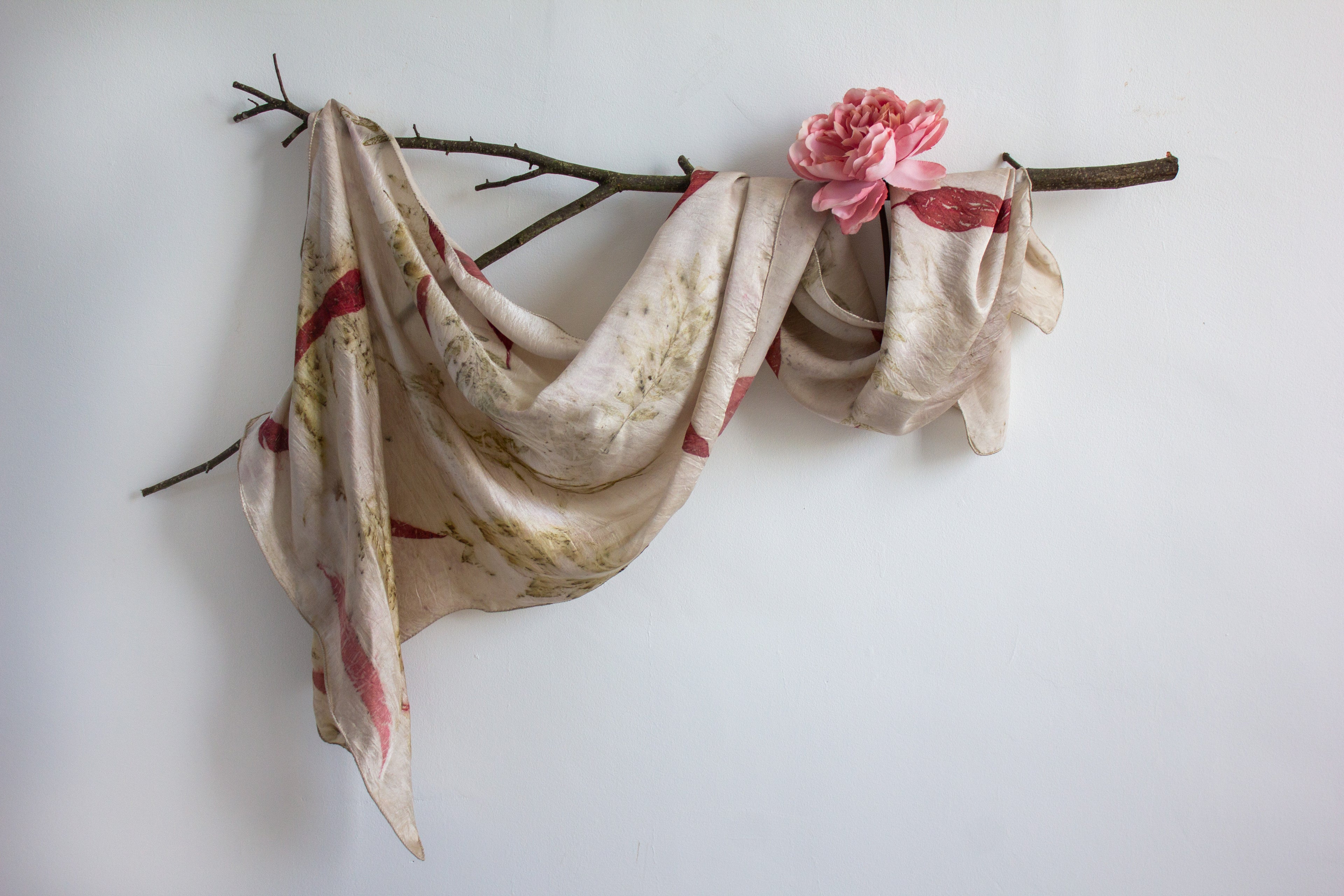 White Pure Satin Silk Scarf Eco-Printed: Eucalyptus And Silver Oak