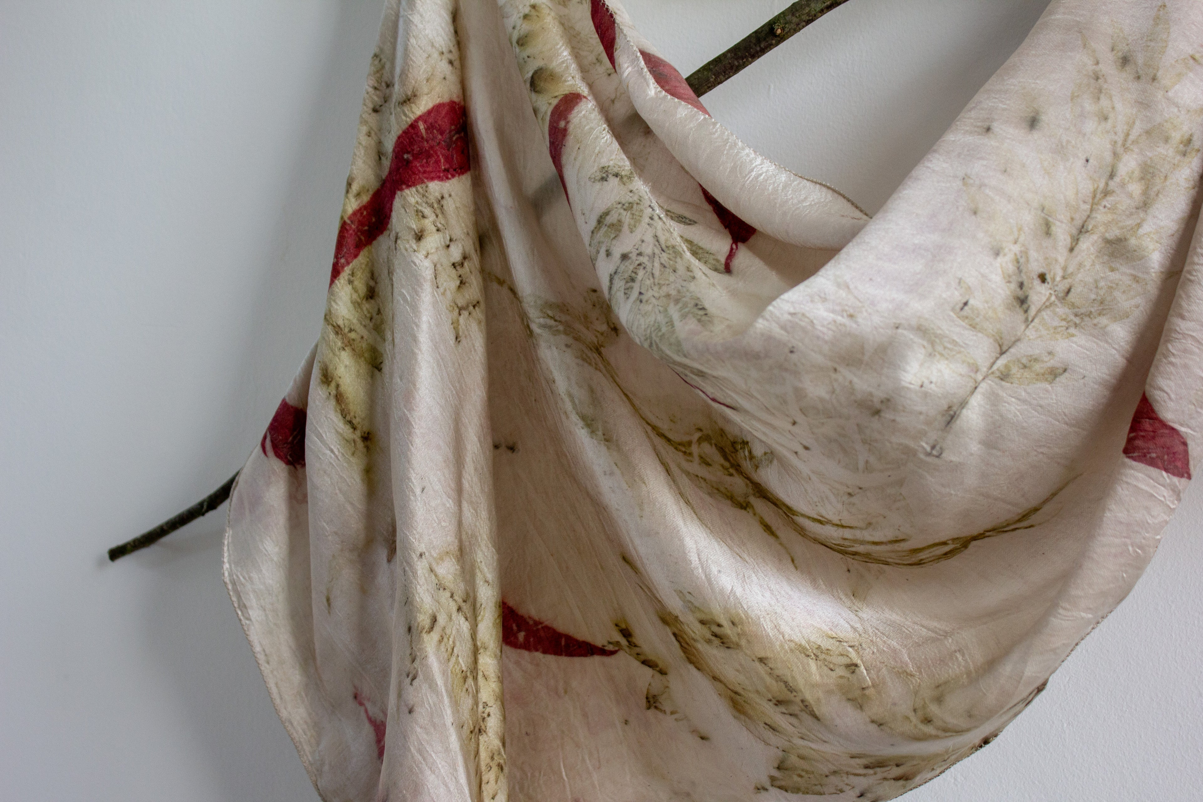 White Pure Satin Silk Scarf Eco-Printed: Eucalyptus And Silver Oak