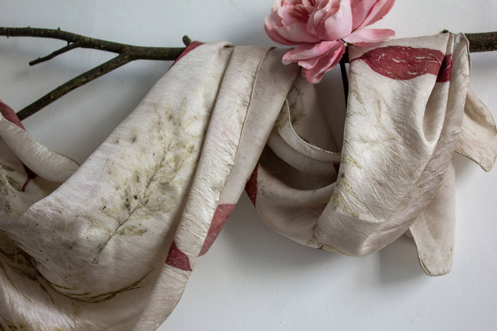 White Pure Satin Silk Scarf Eco-Printed: Eucalyptus And Silver Oak