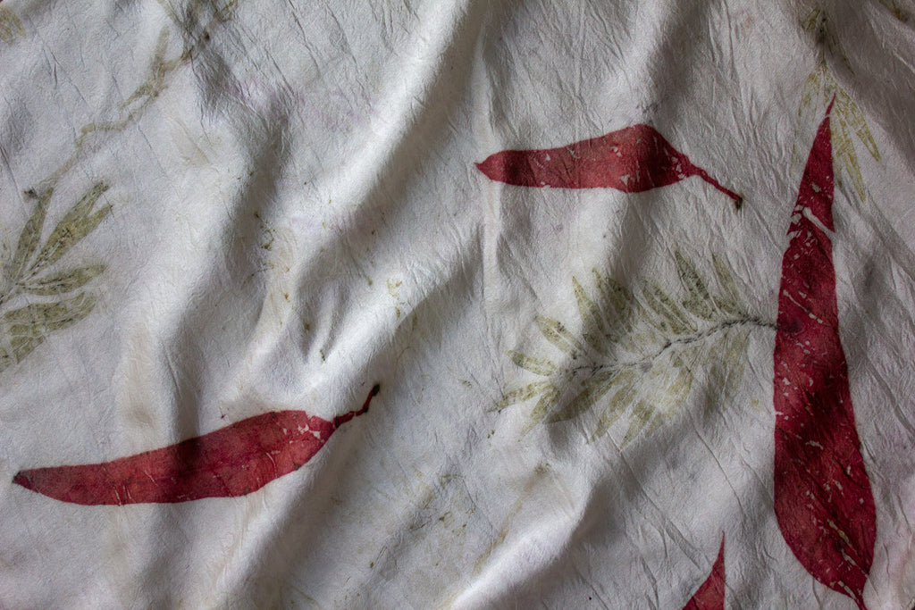 White Pure Satin Silk Scarf Eco-Printed: Eucalyptus And Silver Oak