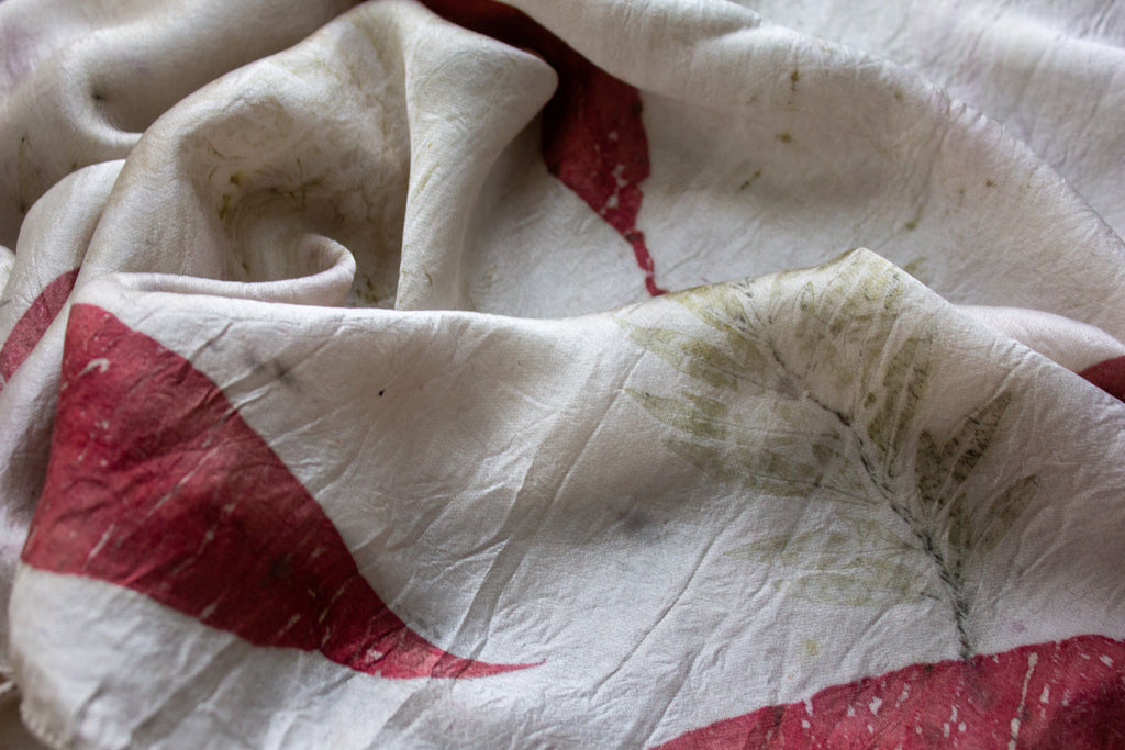 White Pure Satin Silk Scarf Eco-Printed: Eucalyptus And Silver Oak