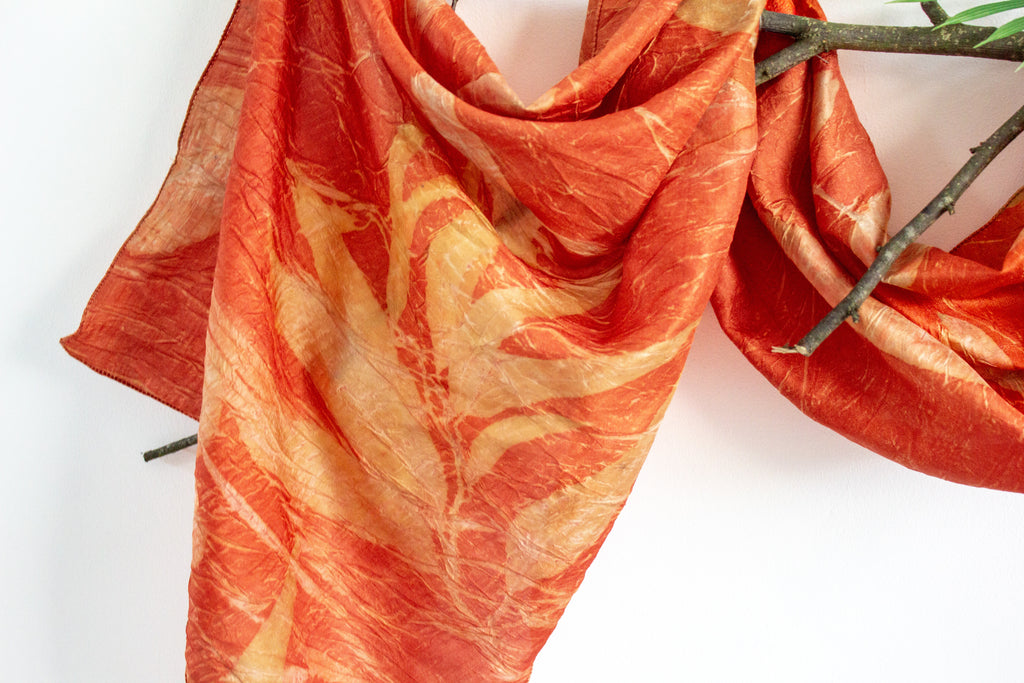 Orange Mulberry Silk Scarf Ecoprinted