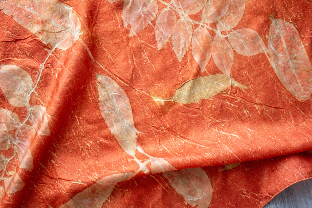 Orange Mulberry Silk Scarf Ecoprinted
