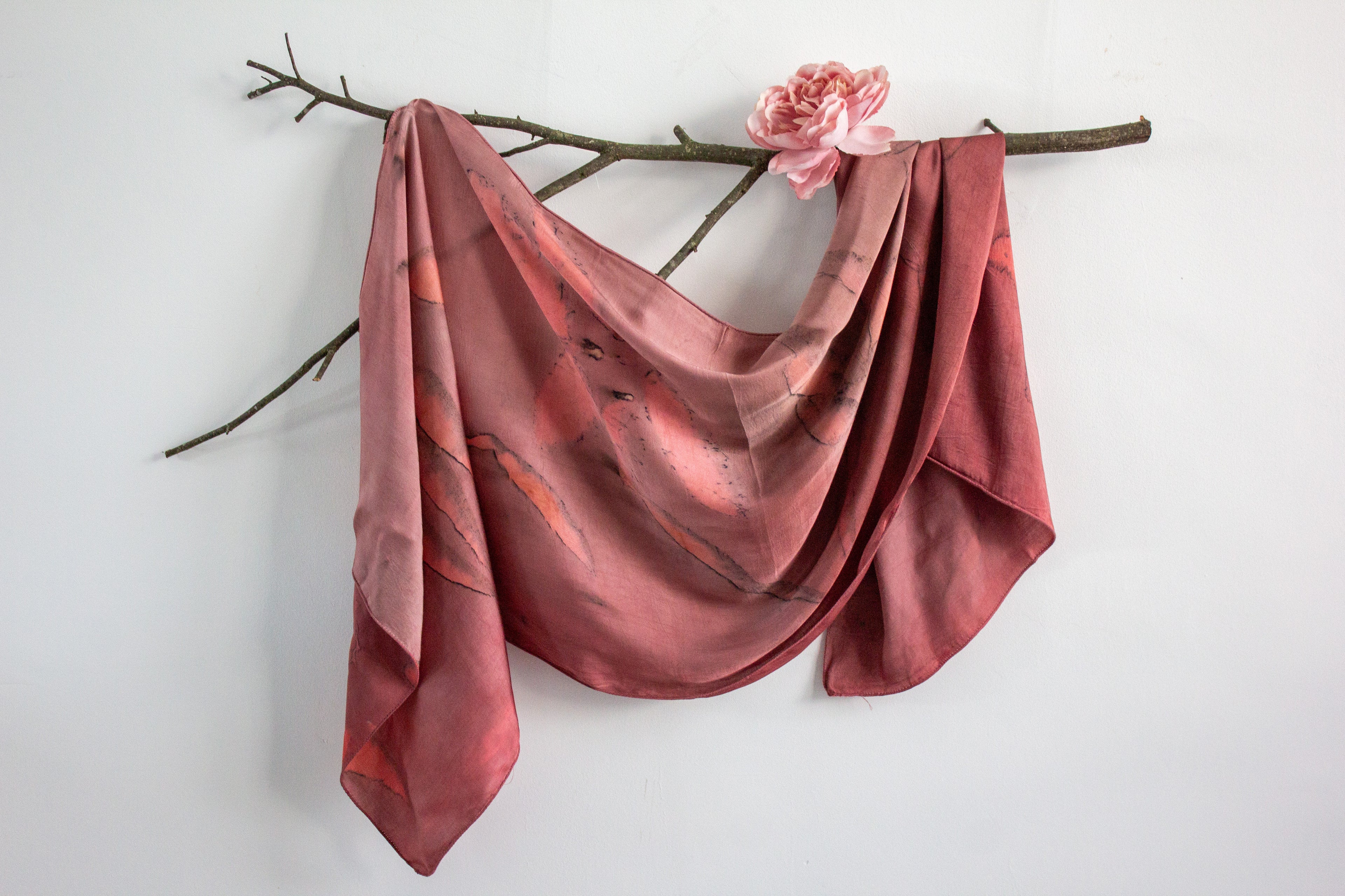 Maroon Silk Scarf Eco-Printed With Real Leaves