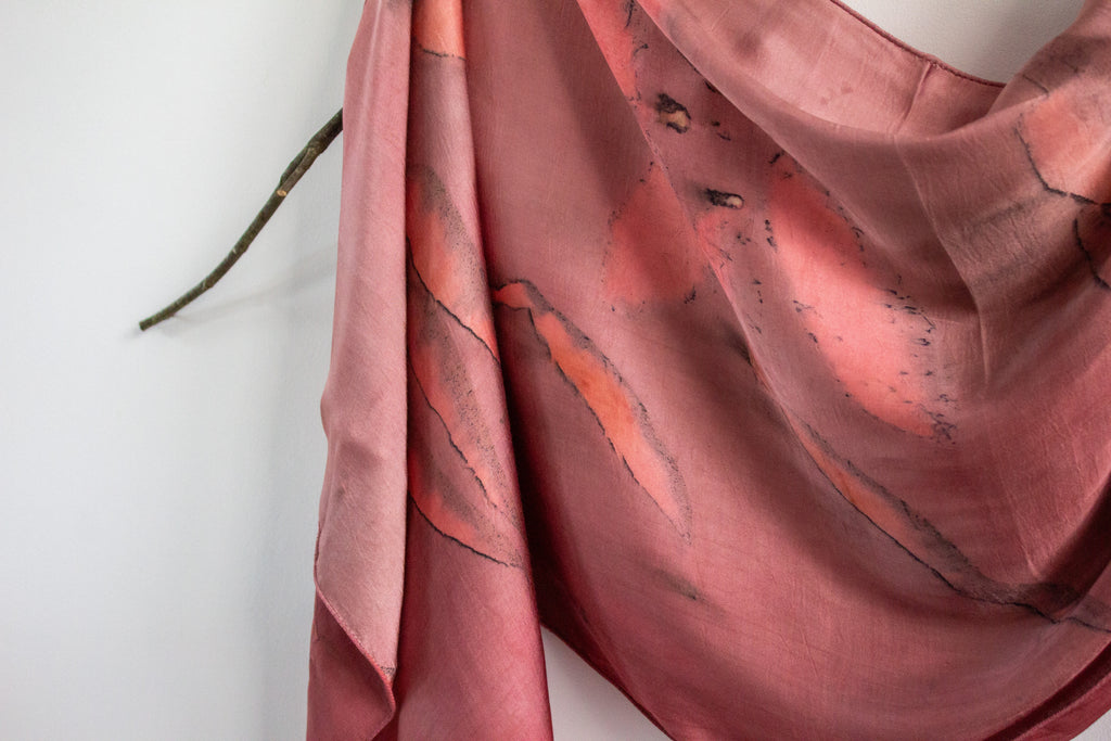 Maroon Silk Scarf Eco-Printed With Real Leaves