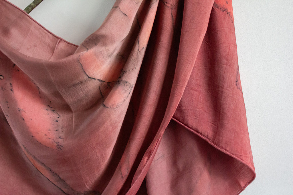 Maroon Silk Scarf Eco-Printed With Real Leaves