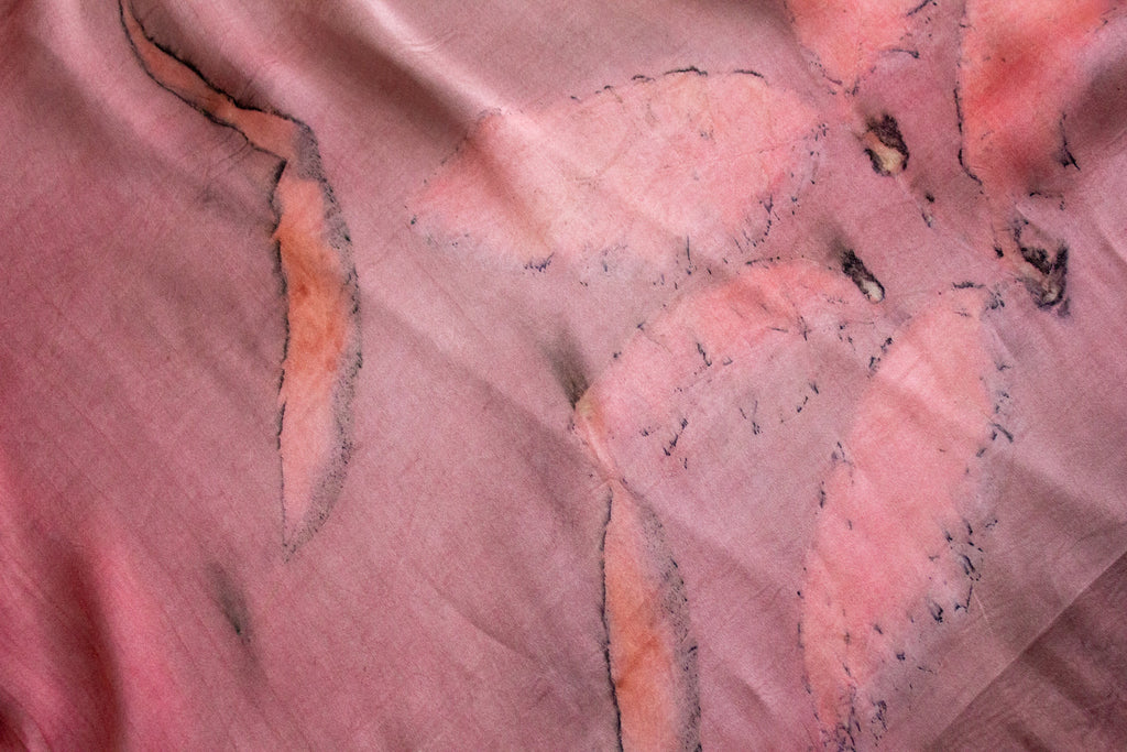 Maroon Silk Scarf Eco-Printed With Real Leaves