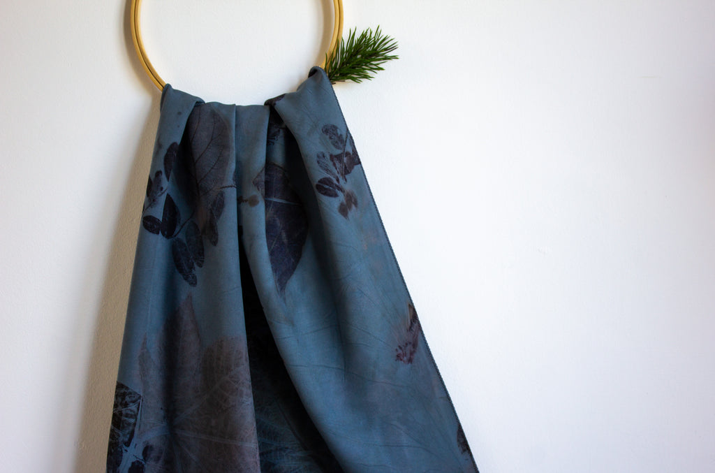 Blue Cotton Scarf Ecoprinted With Real Leaves