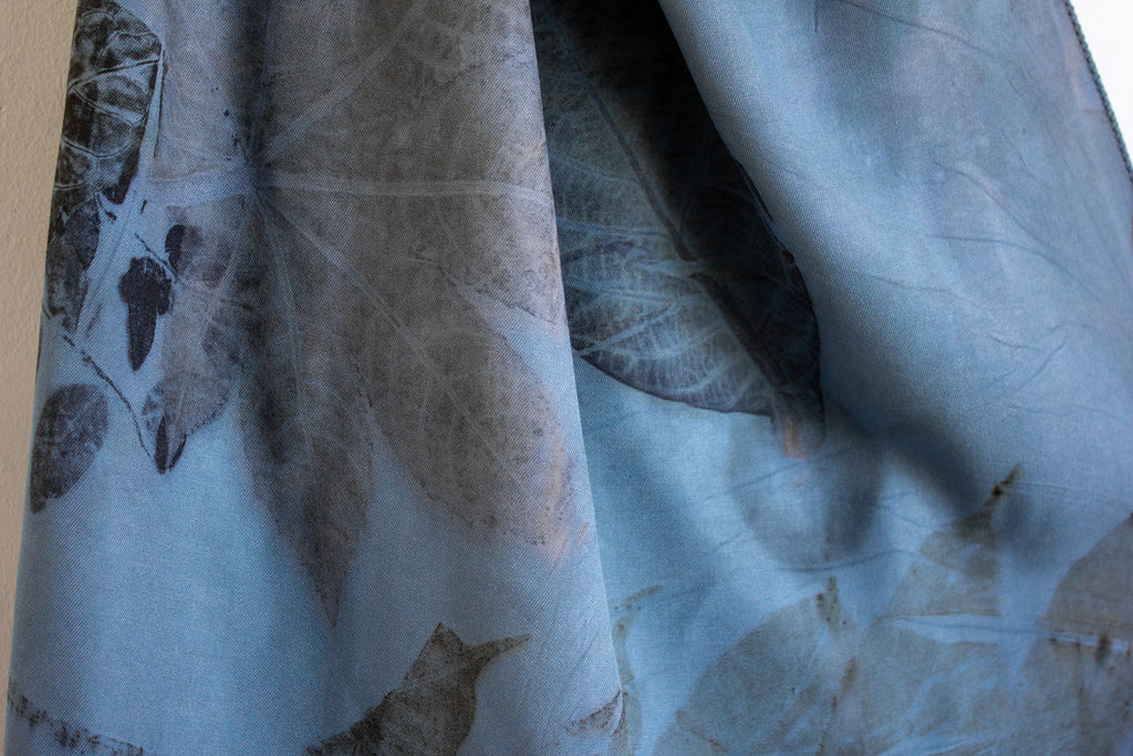 Blue Cotton Scarf Ecoprinted With Real Leaves