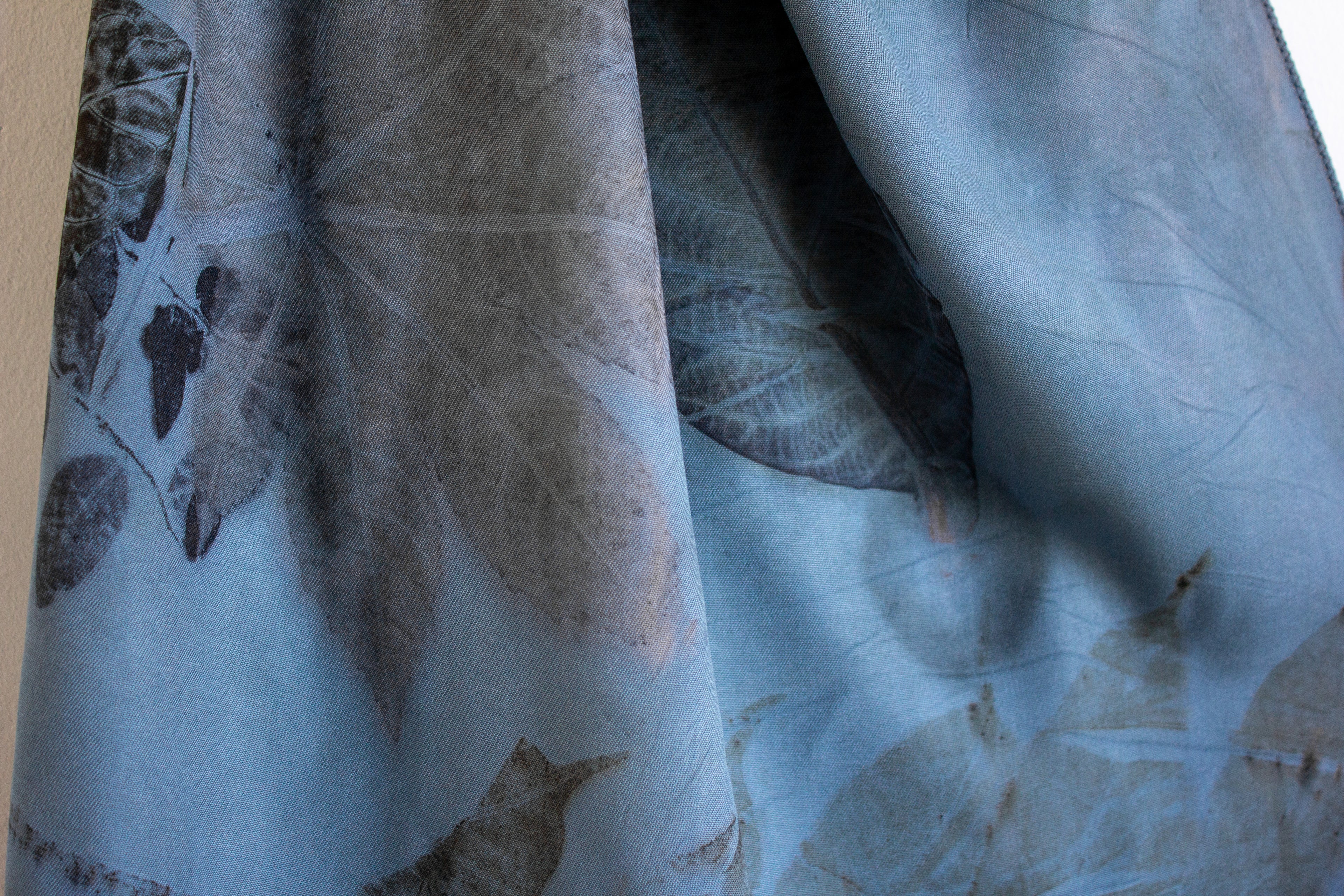 Blue Cotton Scarf Ecoprinted With Real Leaves