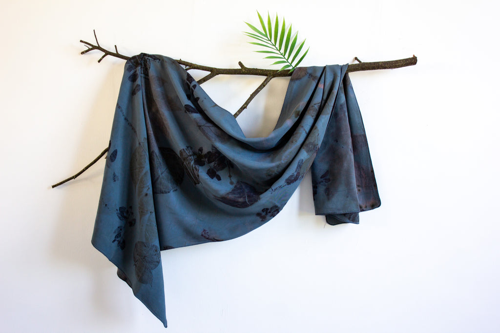 Blue Cotton Scarf Ecoprinted With Real Leaves