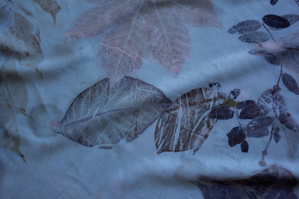 Blue Cotton Scarf Ecoprinted With Real Leaves
