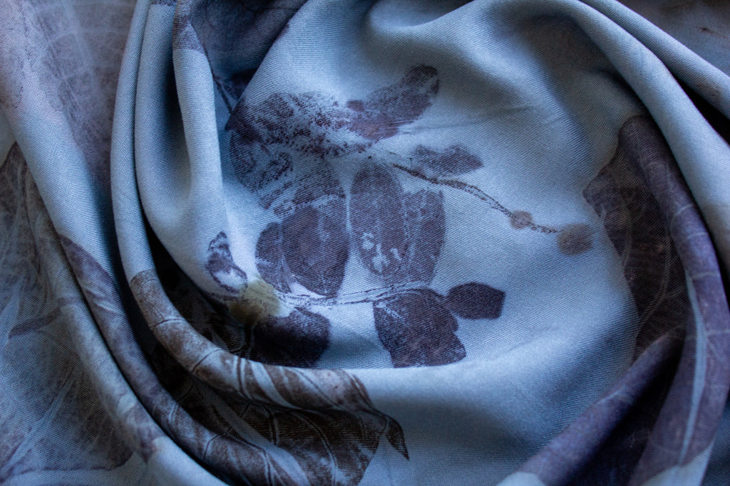 Blue Cotton Scarf Ecoprinted With Real Leaves