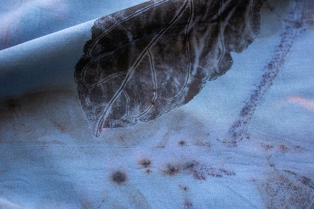 Blue Cotton Scarf Ecoprinted With Real Leaves