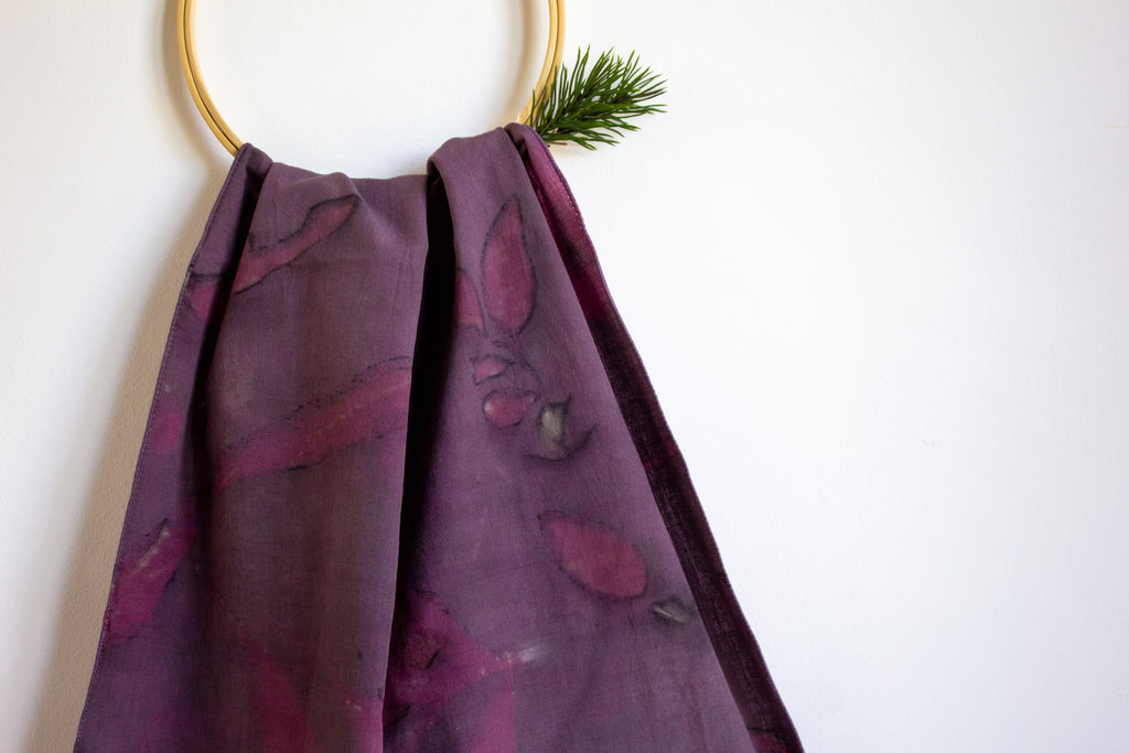 Purple And Pink Cotton Scarf Ecoprinted With Real Leaves