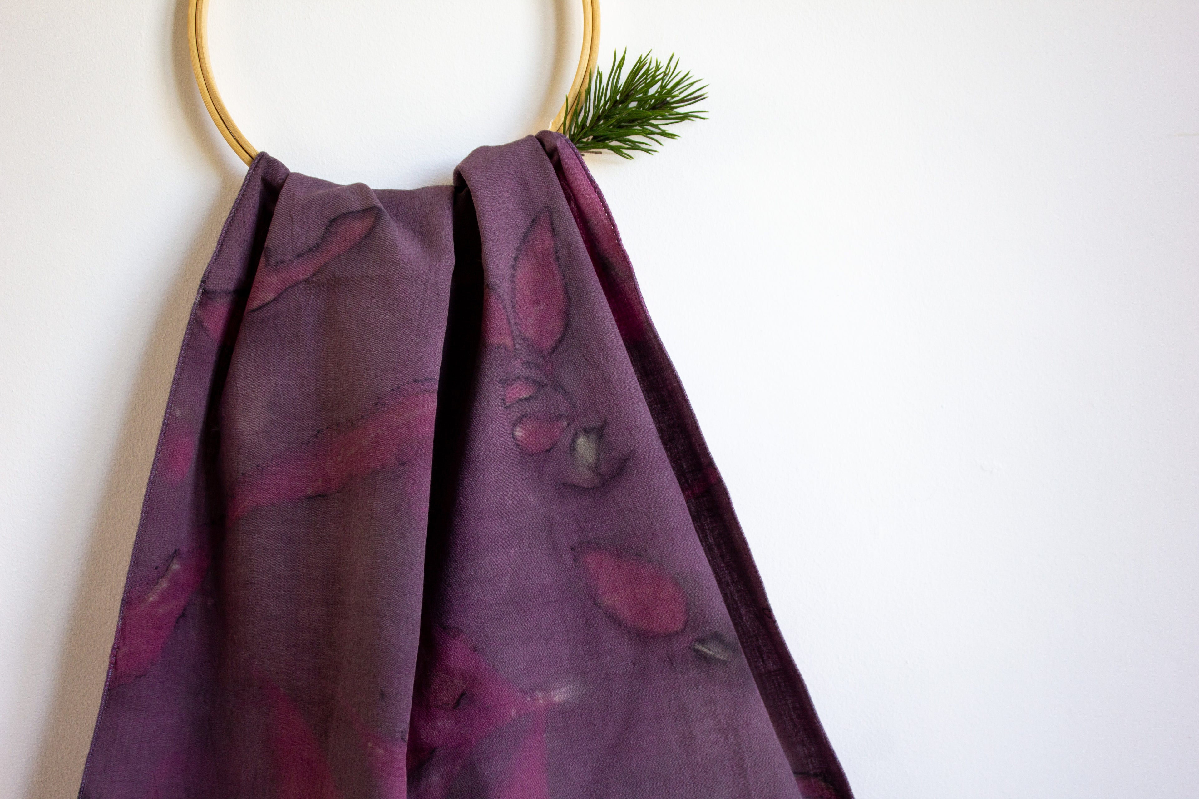Purple And Pink Cotton Scarf Ecoprinted With Real Leaves