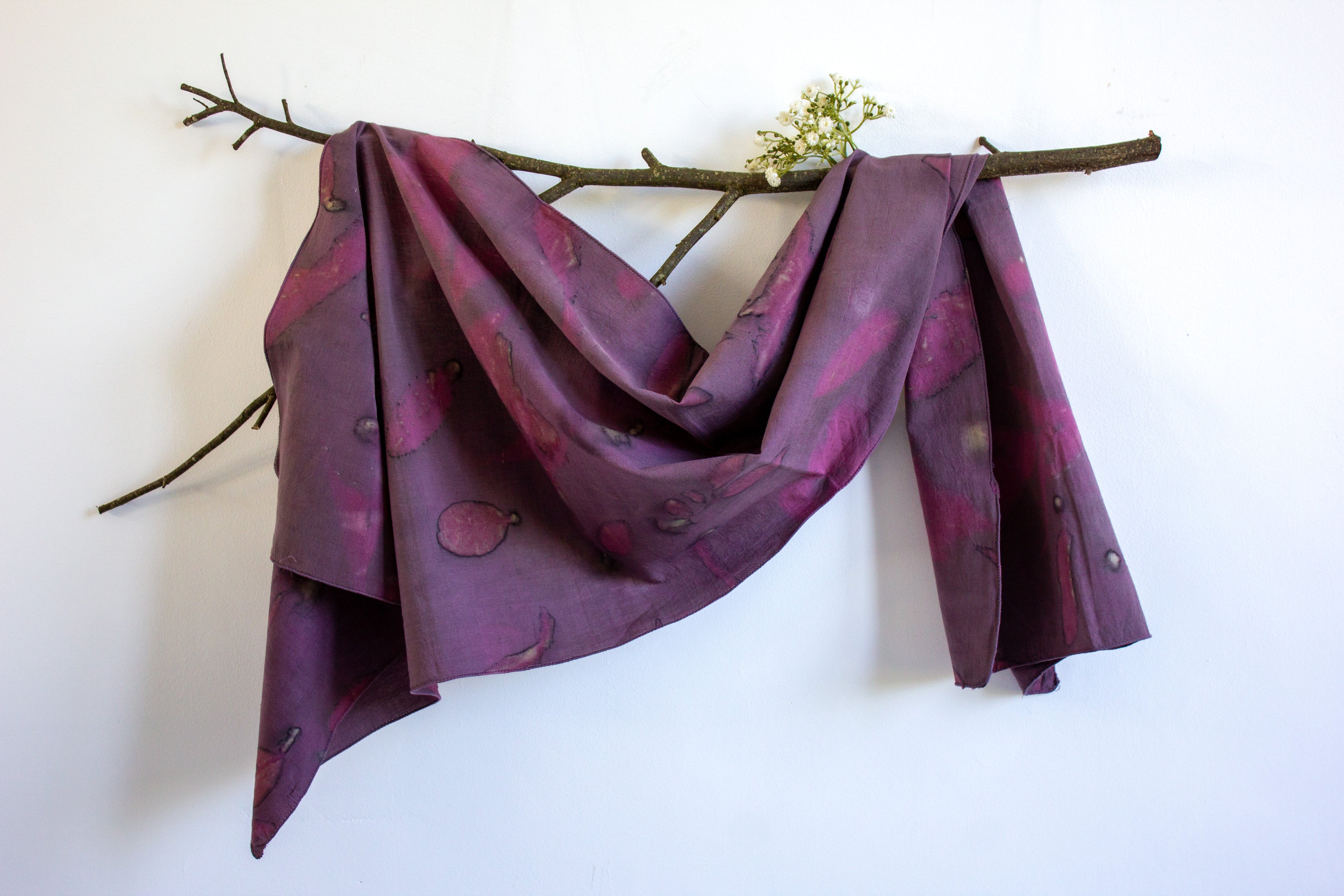 Purple And Pink Cotton Scarf Ecoprinted With Real Leaves