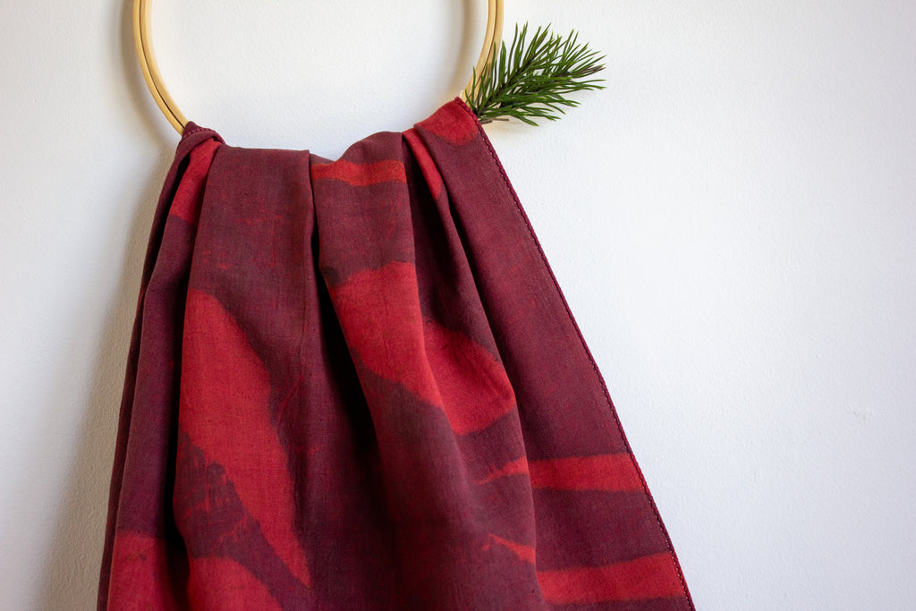 Maroon Cotton Scarf Ecoprinted With Real Leaves