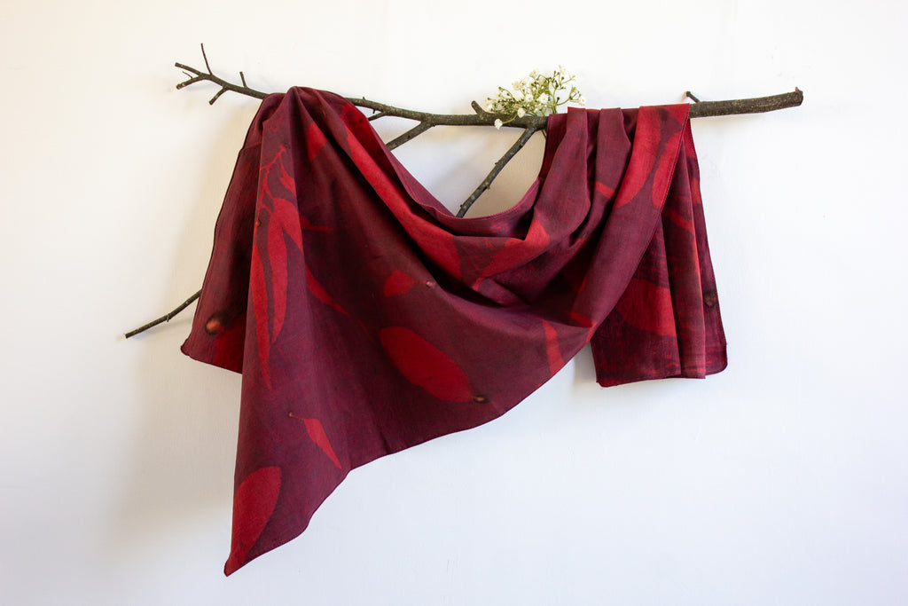 Maroon Cotton Scarf Ecoprinted With Real Leaves